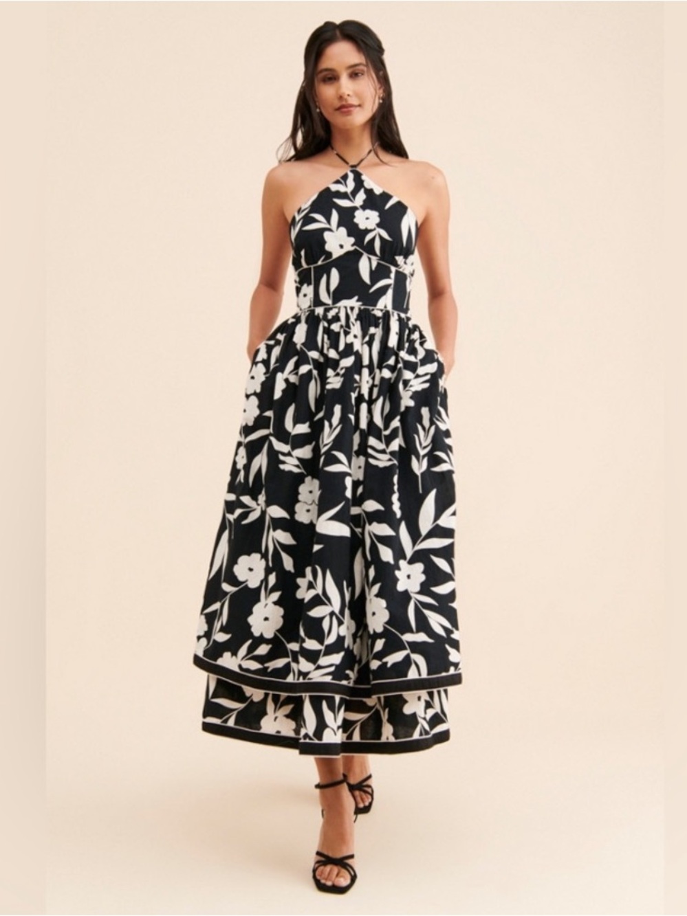 Anthropologie Let Me Be Floral Halter Maxi Dress | 2X | Black & White Floral